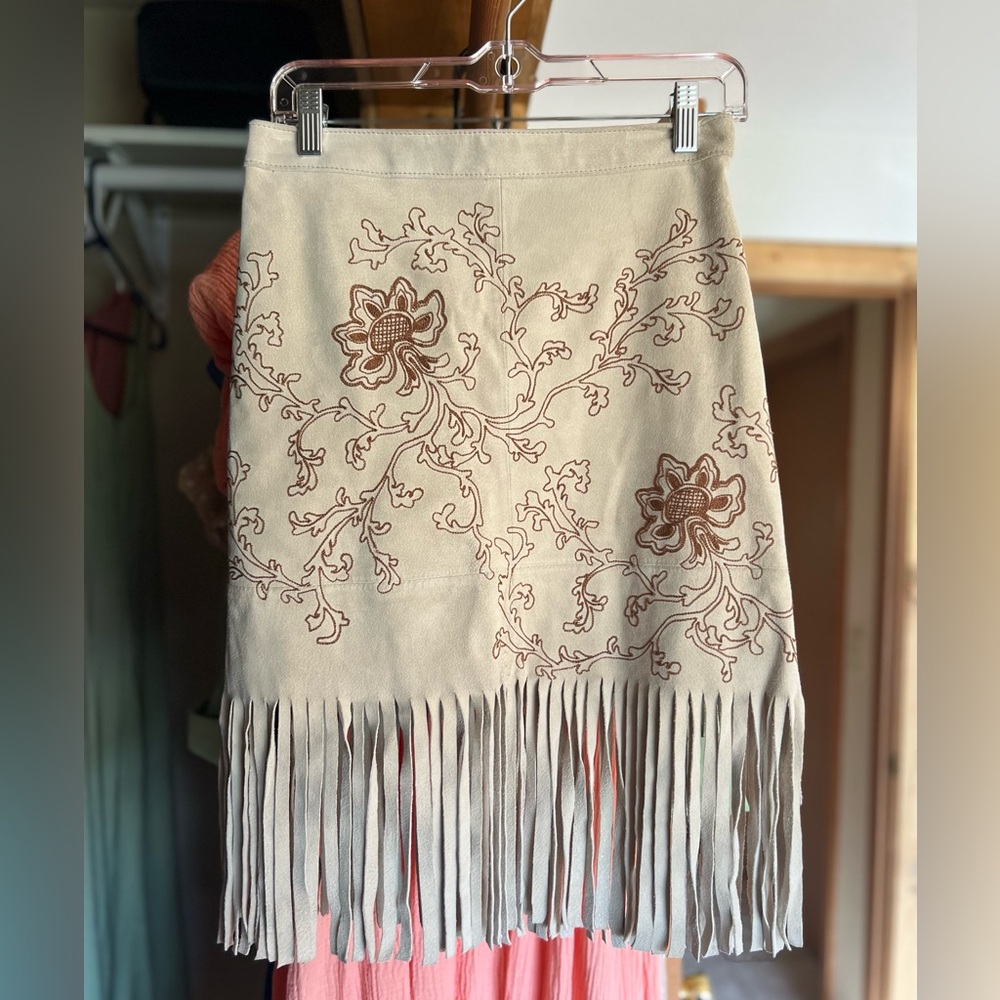 Genuine Suede Embroidered Skirt with Fringe